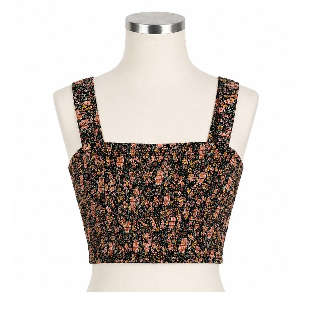 American Eagle Black Floral Smocked Square Neck Crop Tank Top - Size S